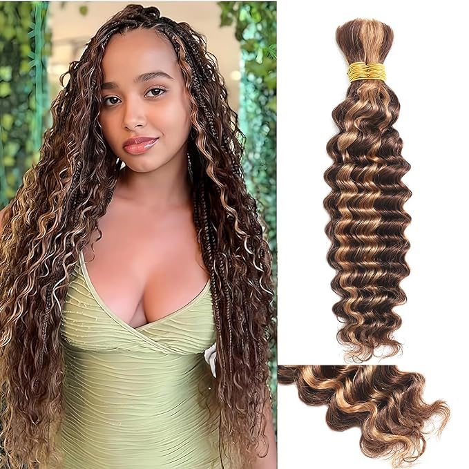 ONICE Ombre Braiding Hair 2 Bundle 100g 4/27 Human Braiding Hair Deep Wave Honey Blonde & Brown Curly Human Hair Extensions (18 Inch)