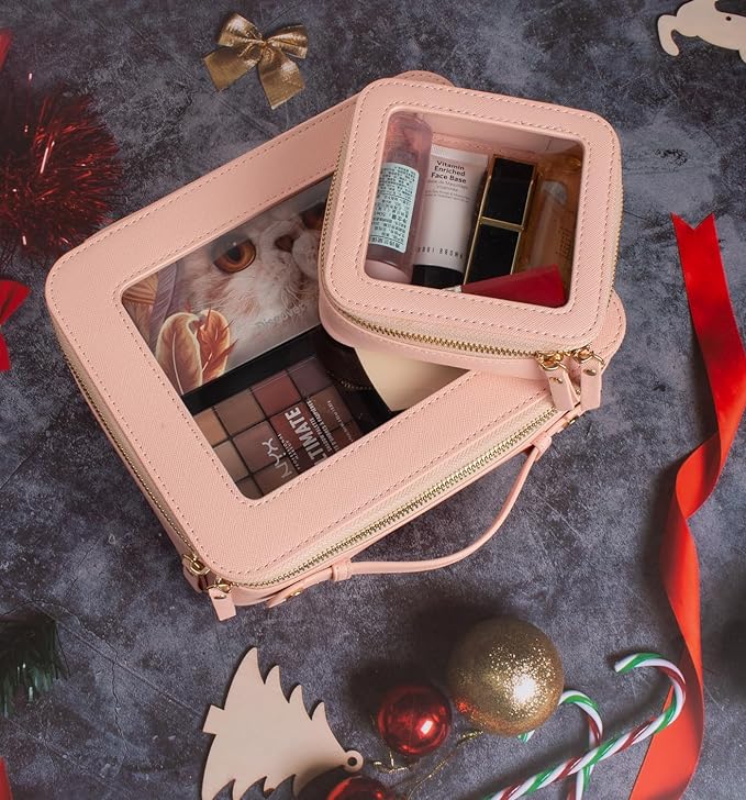 Clear Makeup Bags TSA Approved Toiletry Bag Handle Large Opening,Clear Toiletry Bags for Carry-on Traveling Travel Car Accessories Essentials Organziation Storage for Women Girls(Pink, Mini&Large)