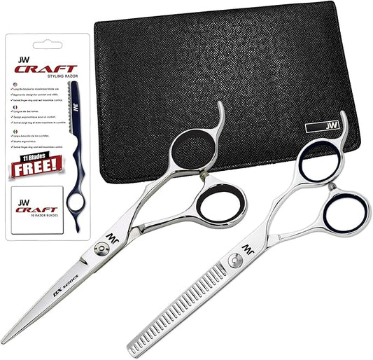 JW Shears Professional Hairdressing Shear, Thinner, Razor and Case Set (5.25" Silver/Black)