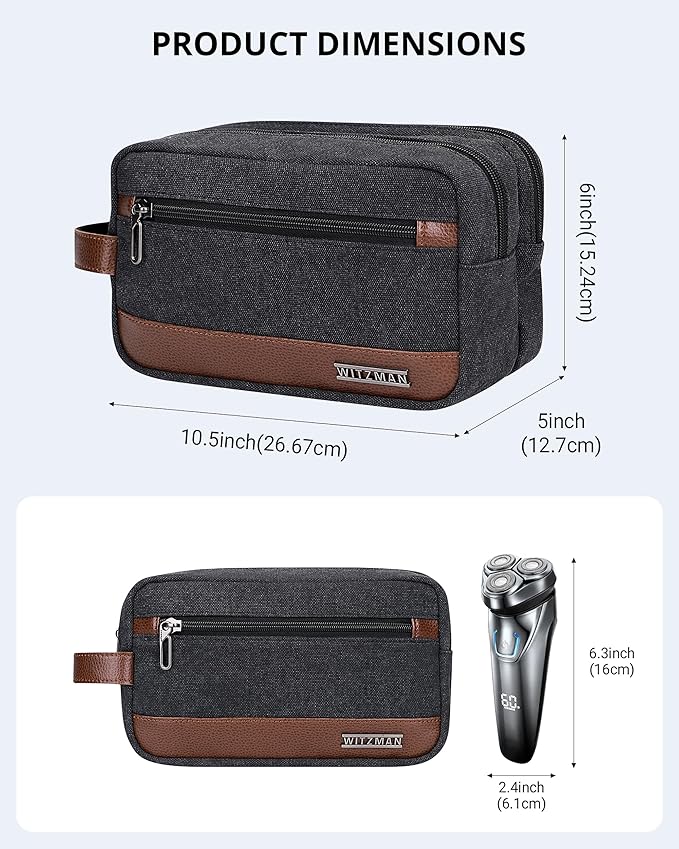 WITZMAN Canvas Toiletry Bag for Men Hanging Dopp Kit Organizer Water-resistant Travel Toiletries bag Men Bathroom Bag with Wet Pocket(A8001 Classics Black)