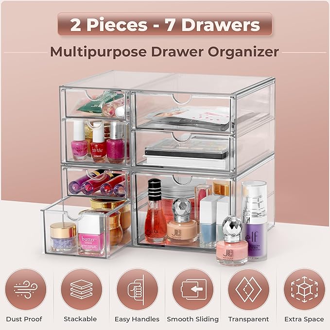 Sorbus Makeup Organizer With 7 Drawers, Acrylic Drawer Organizer for Makeup, Office Organization and Storage, Art Supplies, Jewelry, Stationary - 2 Pcs Clear Stackable Storage Bins Organizer Drawers