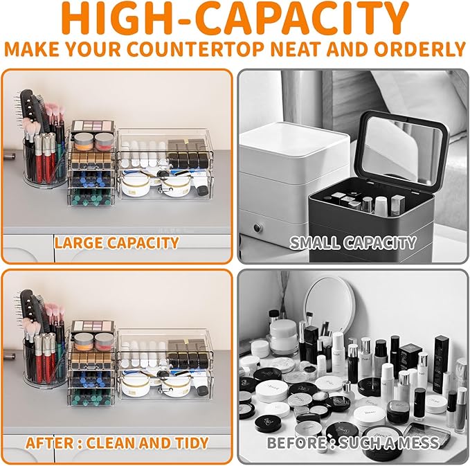 Clear Acrylic Makeup Organizers for Countertop & Vanity,2 Pack Cosmetic Storage Organizer with Brush Holder,Cute Makeup Holder and Make up Containers for Dresser Top,Dorm,Bathroom Skincare Organizer