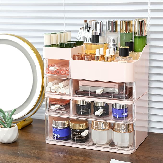 Make up Organizer With 6 Drawers,2 Pack Stackable Plastic Cosmetic Storage Organizer for Dresser and Vanity,Ideal for Beauty,Perfume,Brushes,Skincare Bathroom Organizers and Storage Counter,Pink