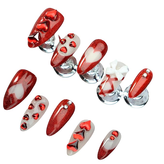Almond Press on Nails Handmade Medium Long/Stiletto 3D Flower Fake Nail with Designs, Women Reusable False Nails (Glitter Red, M)