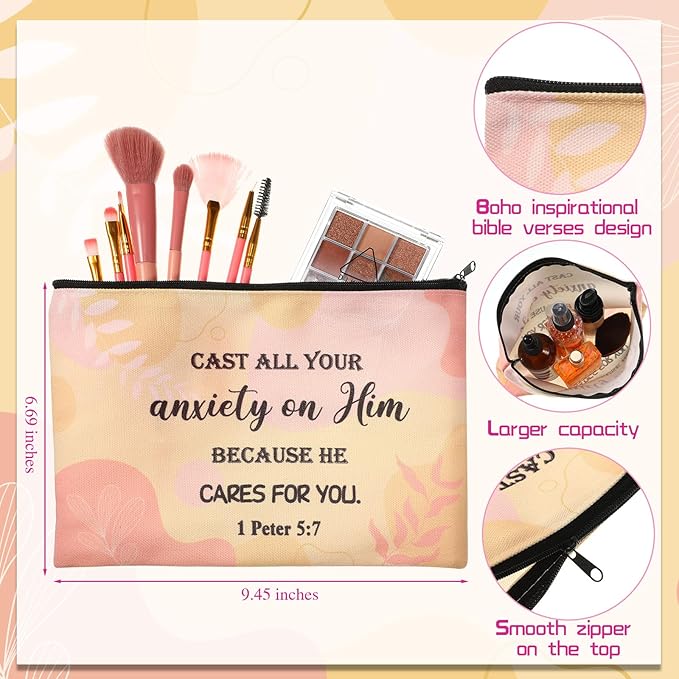 24 Pcs Christian Makeup Bag Bible Cosmetic Bags Inspirational Bible Verse Toiletry Pouches Canvas Motivational Pouches with Zipper for Women Organize Cosmetics Toiletries Stationery(Boho)