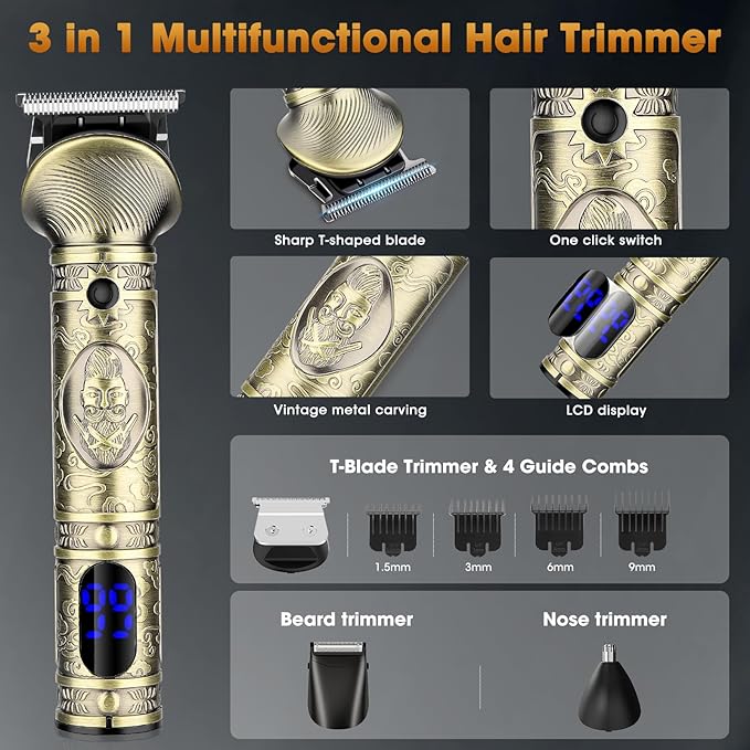 Professional Hair Clippers for Men,3 in 1 T-Blade Trimmer,Nose Hair Electric Shavers,Cordless Barber Clippers, Bald Hairdressing and Razor Shavers Set Hair Cutting Kit Gift for Men