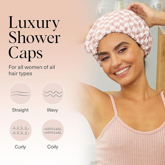 Kitsch Luxury Shower Caps for Women Reusable Waterproof - Flexi Satin Lined, Large Shower Cap for Men, Non-slip, Quick-dry, Adjustable, Stylish Hair Cap for Long & Short Hair - Terracotta Checker