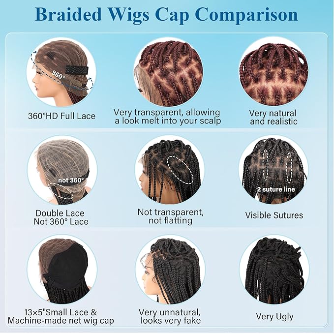 360° HD Full Lace Knotless Braided Wigs for Women Box Braid Wig with Curly End Braided Lace Front Wigs Hair Human Hair Blended Braid Wig with Baby Hair Burgundy 36Inch