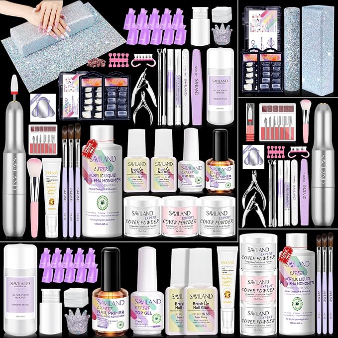 SAVILAND Acrylic Nail Kit: Nail Kit Set Professional Acrylic with Everything Arm Rest Primer Nail Drill Remover Strengthener Cream Full Tools for Beginners Salon Manicurist
