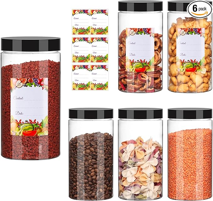 Plastic Jars with Lids 32 oz 6Pack,Empty Clear Plastic Jars with Lids for Storage, Round Leakproof Containers for Nuts,Cookies,Dried Fruit,Small Snacks(32fl.oz,set of 6)