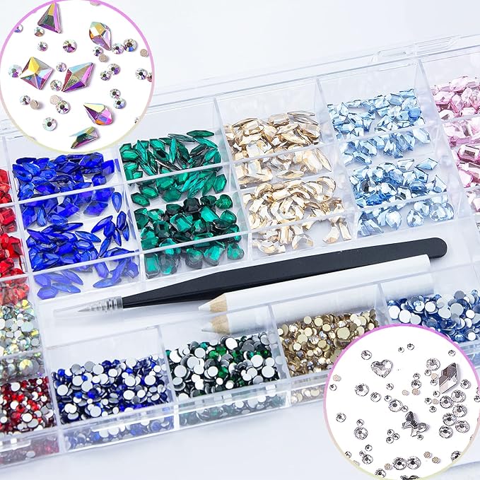 3820 Pcs Rhinestones for Nails, Red Emerald Green Royal Light Lake Blue Gold Nail Rhinestones Crystals Multi Shaped Sized Flatback Nails Glass Gems Crystals for Nails DIY Crafts
