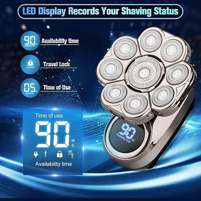 9D Head Shavers for Bald Men, Electric Razor for Men to Shave Fast with LED Display, Cordless Rechargeable, IPX7 Waterproof Wet/Dry Rotary Shaver Kit with Nose Hair Trimmer Shaver, Gift for Mens
