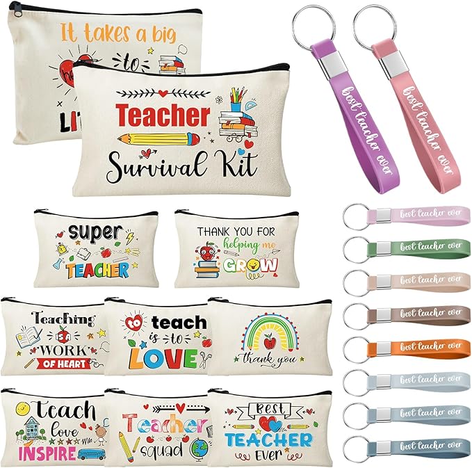 60pcs Teacher Appreciation Gifts Set，Teacher Survival Kit Canvas Makeup Bags for Women, Silicone Keychain Pouch Cosmetic Bag Travel Toiletry Bag for Thank You Gift
