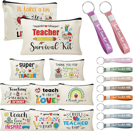 60pcs Teacher Appreciation Gifts Set，Teacher Survival Kit Canvas Makeup Bags for Women, Silicone Keychain Pouch Cosmetic Bag Travel Toiletry Bag for Thank You Gift