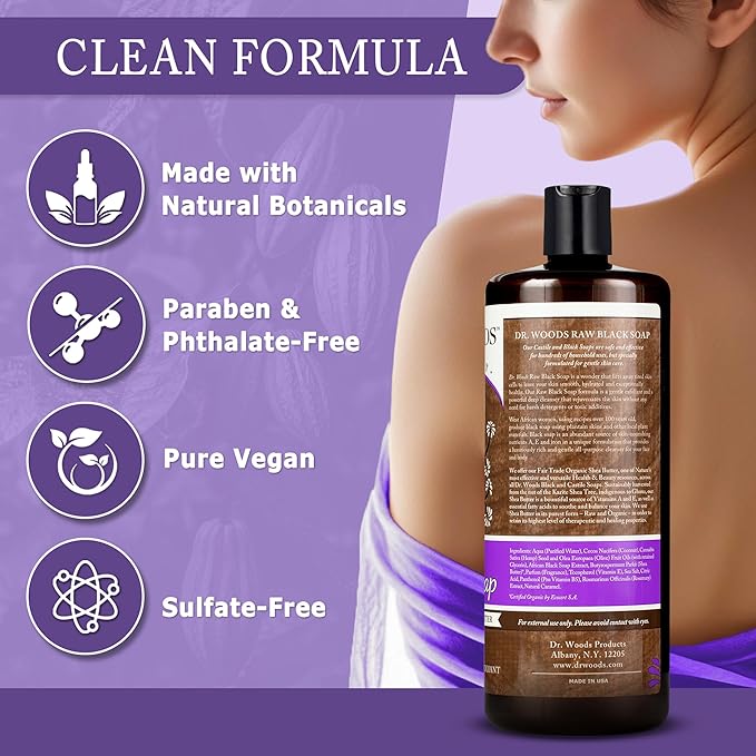 Dr. Woods Raw African Liquid Black Soap - Body Wash for Men and Women, Contains Organic Shea Butter, Gentle Exfoliant, Natural Cleanser for Face, Hands, and Body - 32 Fl Oz, Pack of 2