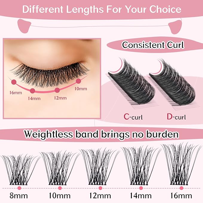 Cluster Lashes, 72 Pcs Individual Lashes, Lash Clusters DIY Eyelash Extension, Super Thin Band Reusable Soft & Comfortable (Bright-D-16mm)