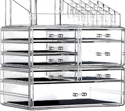 Cq acrylic 3 Pack Clear Make Up Organizer Countertop,Stackable 8 Drawers Makeup Storage,Cute Vanity Organizers for Dresser Hair Clip,Jewelry,Beauty Product Desk and Bathroom Organizers and Storage