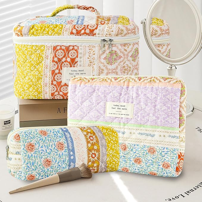 3Pcs Makeup Bag Cotton Quilted Travel Cosmetic Bag Cute Floral Makeup Pouch Large Toiletry Bag for Women Girls (Flower stitching)