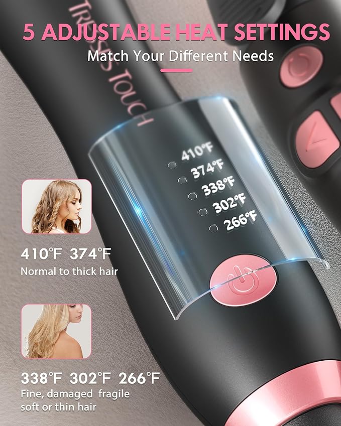 Rotating Curling Iron 1 Inch, Universal Voltage Automatic Curling Iron with Clamp, 5 Heat Settings 360° Rotatable Power Cord, Automatic Reset Function Hair Curler for All Hair (Rose Gold)