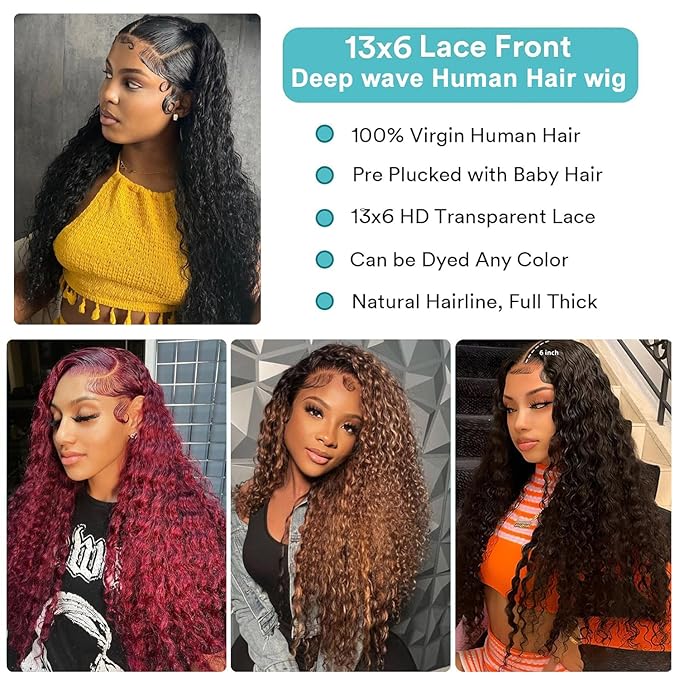 34inch 13x6 Deep Wave Lace Front Wigs Human Hair Pre Plucked 200% Density Deep Curly Lace Front Wigs Human Hair HD Transparent Deep Wave Frontal Human Hair Wig for black women with Baby Hair