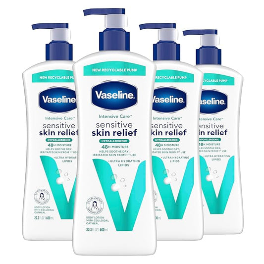 Vaseline Intensive Care Body Lotion 4 Pack Sensitive Skin Relief For Dry Skin With Colloidal Oatmeal and Ultra-Hydrating Lipids 20.3 oz