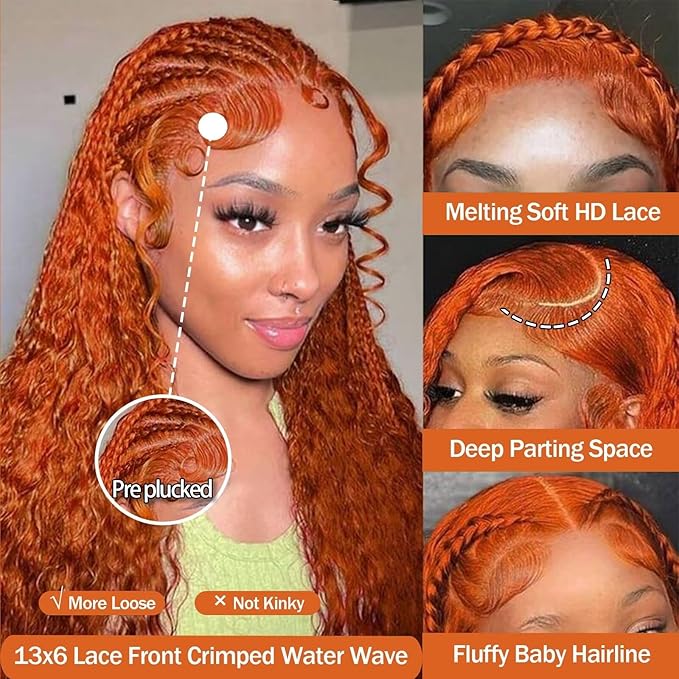 13x6 Ginger Wig Water Wave Lace Front Wigs Human Hair Pre Plucked Frontal Wigs Human Hair For Women Curly Lace Front Wig Human Hair Deep Wave Wet and Wavy 180 Density 24 Inch