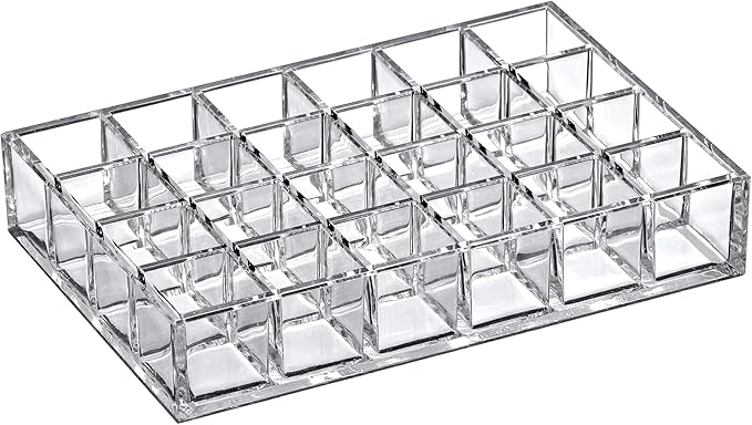 Amazing Abby - Allure - 24-Slot Acrylic Lipstick Organizer, Lipstick Holder, Lip Gloss Holder, Cosmetic Storage Display, Perfect Storage Solution for Drawer and Vanity (Slot Size: 1.0" x 1.0")