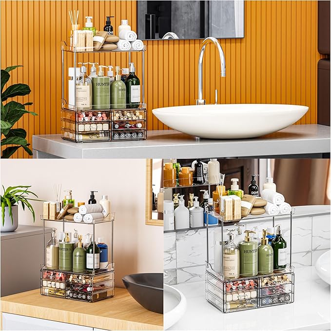 2 Pack Bathroom Organizers and Storage Countertop With 6 Drawers,Stackable Vanity Top Organizer,14.4" Tall Large Capacity Skin Care Organizer and Exquisite Cosmetic Storage Organizer,Clear