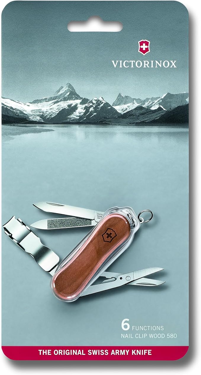 Victorinox Nail Clip 580 Wood Swiss Army Knife, 6 Functions, Swiss Made Pocket Knife with Nail File, Nail Cleaner and Small Blade - Walnut