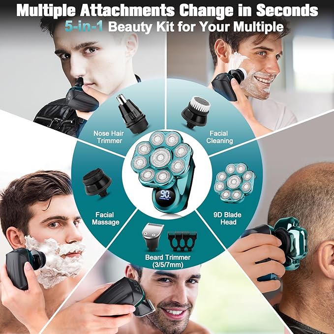 9D Electric Head Shaver for Bald Men, Upgraded 5-in-1 Waterproof Wet/Dry Grooming Kit Electric Shaver for Men, Cordless Rechargeable Bald Head Razor for Home&Travel