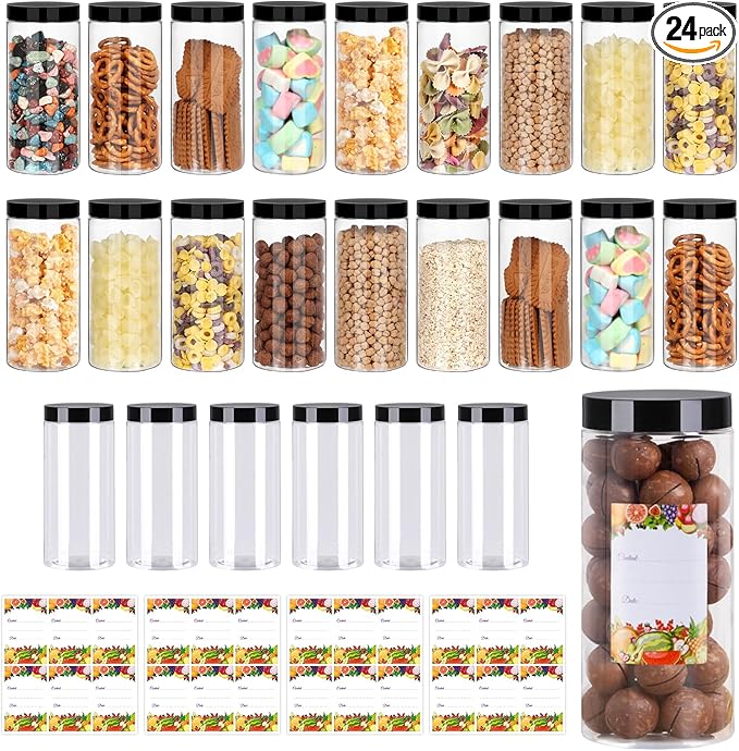 Plastic Jars with Lids 16 oz 24Pack,Empty Clear Plastic Jars with Lids for Storage, Round Leakproof Containers for Nuts,Cookies,Dried Fruit,Small Snacks(16fl.oz,set of 24)