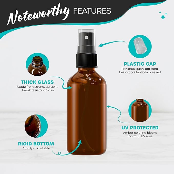 Nevlers 4 Oz Amber Glass Spray Bottles 3 Pack | Small Glass Spray Bottle Set with Shrink Wraps and Funnel | Leakproof Oil Spray Bottle and Spritzer Bottles for Hair, Body, & More