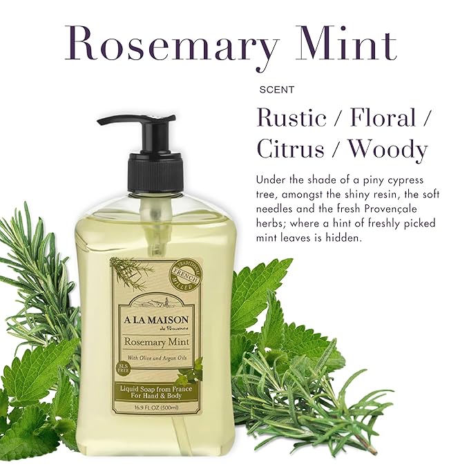 A LA MAISON Liquid Soap Hand and Body, Triple Milled, Essential Oils, Biodegradable, Plant Based, Vegan, Cruelty-Free, Alcohol & Paraben Free (Rosemary Mint 16.9 Fl Oz, 1 Pack)