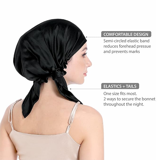 100% Silk Bonnet for Sleeping With Tie Band, Large Sleep Cap for Curly Hair, Wrap for Hair Care - Rich Black