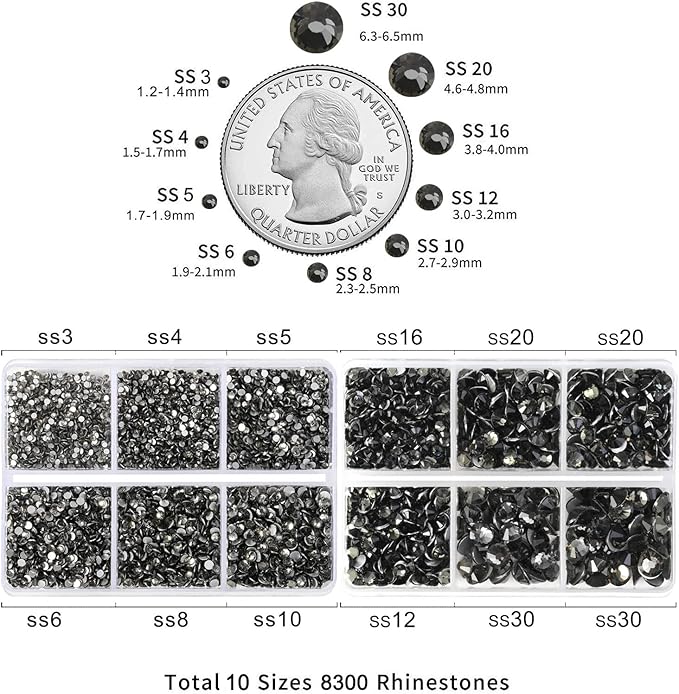 Beadsland 8300PCS Flatback Rhinestones, Gray Rhinestone Round Crystal Rhinestones for Crafts, Mixed 10 Sizes with Wax Pencil and Tweezer Kit, SS3-SS30, Black Diamond