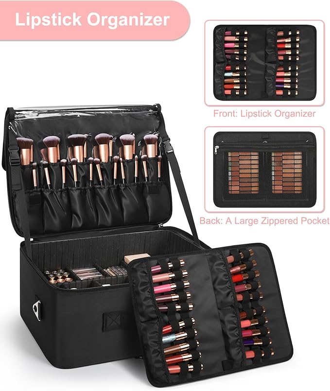 Relavel Extra Large Makeup Case Professional Cosmetic Storage Organizer Box Brush Holder with 4 Clear Set Bags & Lipstick Plate for Makeup Artists with Shoulder Strap & Adjustable Dividers