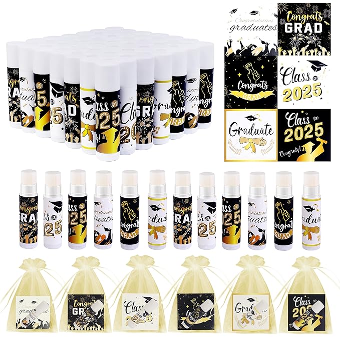 50 Set 2025 Graduation Gift Bulk Lip Balms Class of Graduation Party Favors with 6 Assorted Flavors Inspirational Graduation Gifts with 50 Organza Bags and Cards for Students Graduation Party