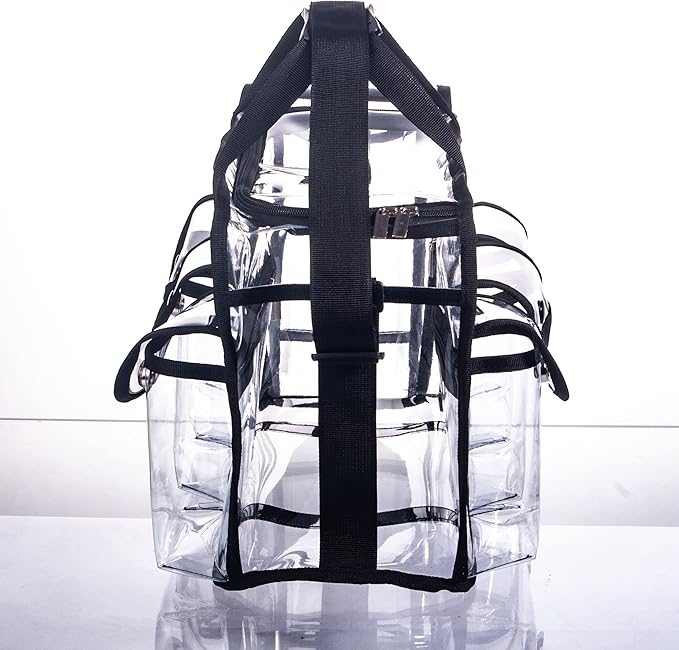 Wide Open Large Professional Clear PVC Travel Makeup Artist Set Cosmetic Nails Beauty Transparent Vinyl Tool Organizer Work Beach Diaper Bag With 6 External Pockets & Strap (Black)