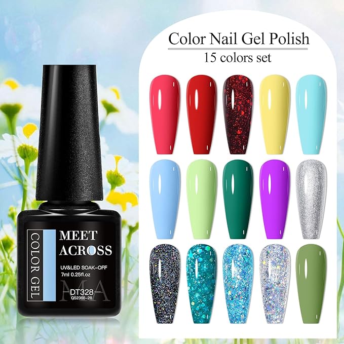 MEET ACROSS Gel Nail Polish Set 18PCS Glitter Gel Polish Set 15 Colors Nude Nail Polish Red Green Spring Gel Nail Polish Kit Nail Art Design Salon for Women