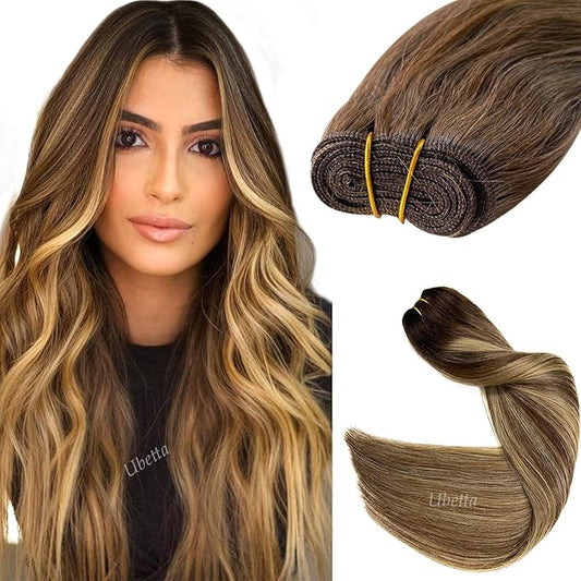Sew In Real Human Hair Extensions, 12 Inch 80G Weft, Ombre Chocolate Brown Balayage Blonde Highlights, Hand Tied Weft Hair Bundles