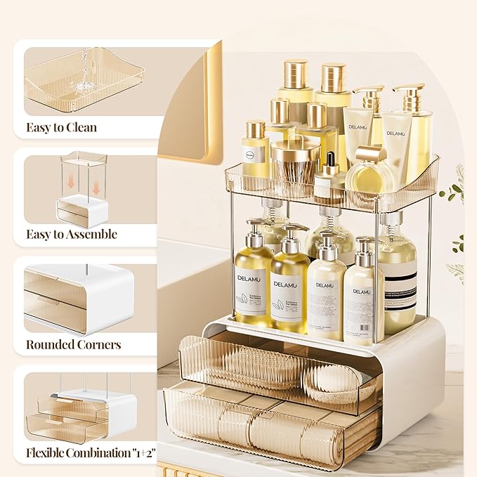 Delamu Bathroom Counter Organizer 2-Drawers 2-Tier Acrylic Makeup Organizer for Vanity Countertop, Skincare Perfume Storage, Easy Assembly, Ideal Gift for Women Amber