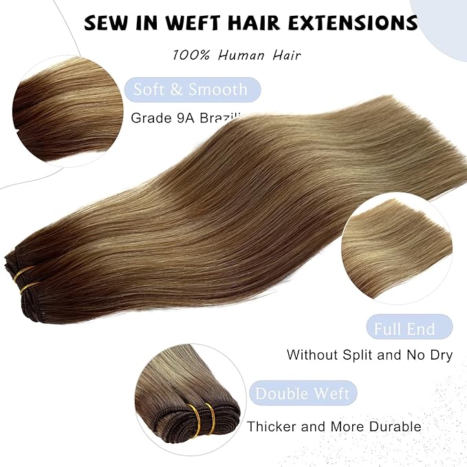 Sew in Bundles Hunan Hair Weft Extensions 22 Inch Ombre Brown Balayage Ash Blonde Highlights Hair Extensions Real Human Hair Sew in 120G Hand Tied Weft Human Hair Bundles Weave Extensions for Women