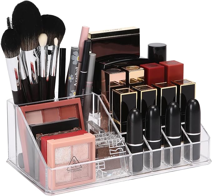 Sea Team 16-Slot Acrylic Plastic Lipstick Organizer, Clear Lipstick Holder, Makeup Storage Box, Cosmetic Display Case for Lippie, Lip Gloss, Eye Liner, Eyebrow Pencil, Nail Polish, Essence, Brush