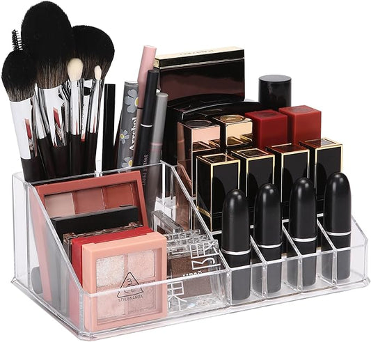 Sea Team 16-Slot Acrylic Plastic Lipstick Organizer, Clear Lipstick Holder, Makeup Storage Box, Cosmetic Display Case for Lippie, Lip Gloss, Eye Liner, Eyebrow Pencil, Nail Polish, Essence, Brush
