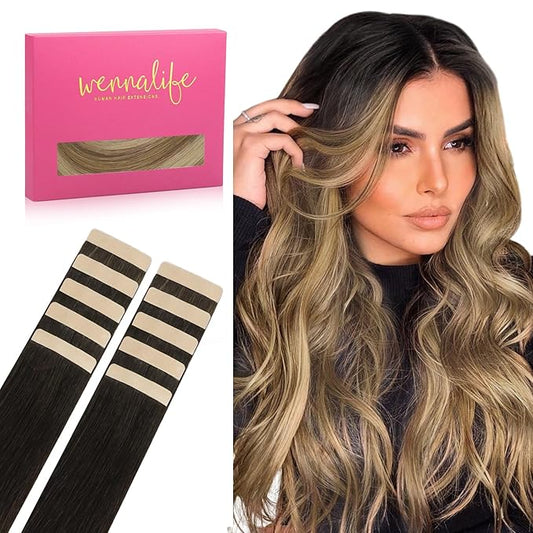 WENNALIFE Tape in Hair Extensions Human Hair Dark Brown to Chestnut Brown and Dirty Blonde Highlighted Tape in Extensions, 10pcs 20g 10 inch Remy Invisible Tape Ins Straight Colored Soft Refill Set