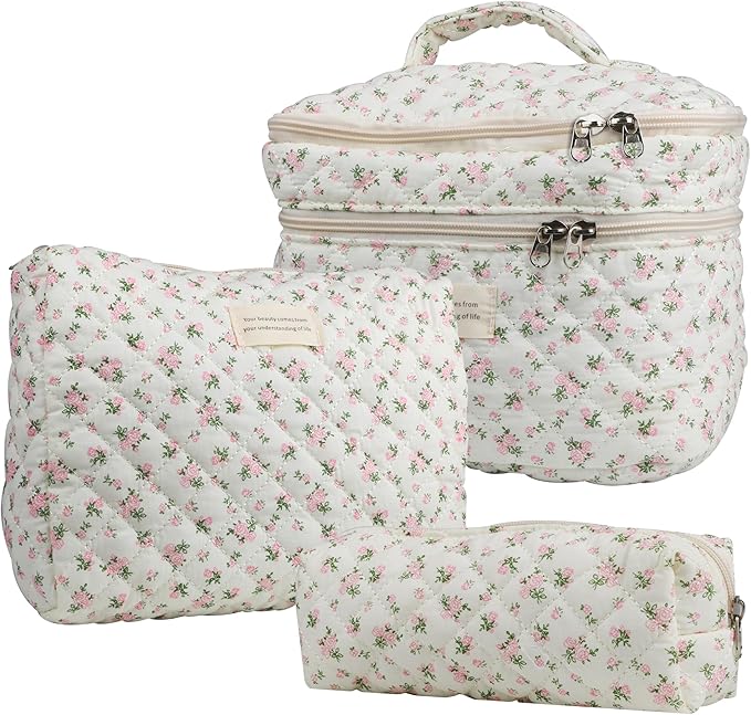Dual Layer Cute Makeup Bag for Women(3 Pcs), Quilted Floral Coquette Aesthetic Make up Bags, Travel Cosmetic Bags Toiletry Organizer Bag(Pink Rose)