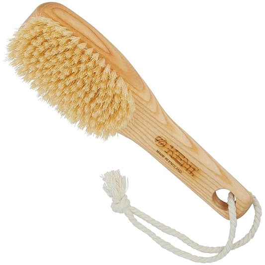 KENT FD6 9" Beechwood Wood Short Handle Shower Bath Body Brush. for Skin Exfoliate & Massage. 100% White Boar Bristles. Best Body, Foot and Leg Scrubber Brushing for Wet and Dry Body. Made in England