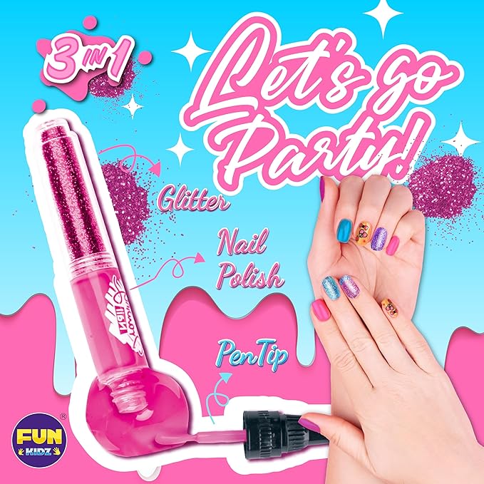 Nail Polish Pens Kit for Girls Ages 7-12, FunKidz Nail Pen Combo Kit Teen Gift Peelable Nail Art Studio Set with Cool Girly Decoration Stuff Pearl Beads, Glitter, Nail Stickers, Nail File, Gems