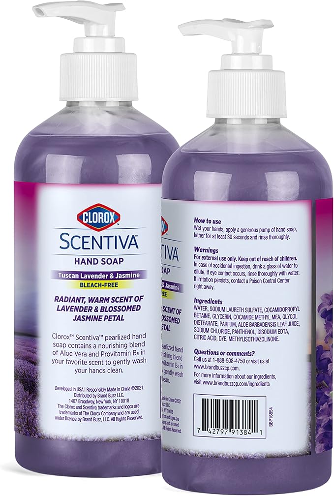 Clorox Scentiva Liquid Hand Soap 14 oz Liquid Hand Wash with Aloe Vera Vitamin B5 BleachFree Scented Hand Soap for Kitchen or Bathroom, Tuscan Lavender & Jasmine, 1 Count
