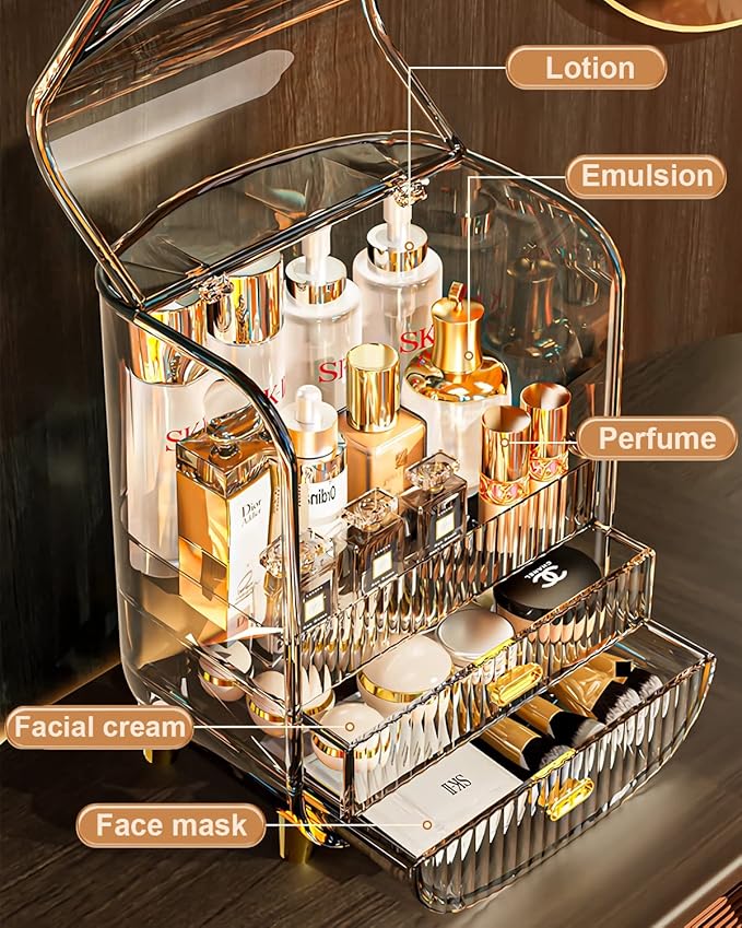 Makeup Organizer, Large Capacity Cosmetics Makeup Organizer for Vanity, Dustproof Waterproof Cosmetics Display Case with Drawers for Skincare, Lipstick, Brushes and Jewelry (Green)